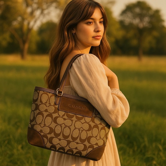 Coach signature classic brown suede tote with gold metallic details - Picture 1 of 9